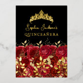 Gouden Rode Bloemen Roos Leaf Quinceanera Folie Uitnodiging (Voorkant)