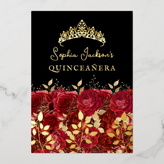 Gouden Rode Bloemen Roos Leaf Quinceanera Folie Uitnodiging (Voorkant)