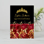 Gouden Rode Bloemen Roos Leaf Quinceanera Folie Uitnodiging (Staand Voorkant)