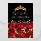 Gouden Rode Bloemen Roos Quinceanera Folie Uitnodiging (Voorkant)