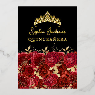 Gouden Rode Bloemige Roos Quinceanera Folie Uitnodiging