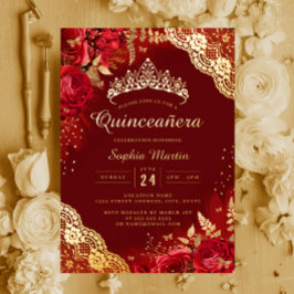 Gouden Rode Bloemrijke Kant Quinceanera  Folie Uitnodiging