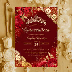 Gouden Rode Bloemrijke Kant Quinceanera Folie Uitnodiging