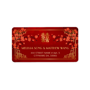 Gouden Rode Bloesem Chinees Huwelijk Label