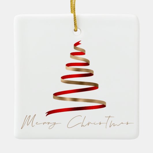 Gouden Rode Boom Fotoscript Vrolijk Kerstfeest Keramisch Ornament (Voorkant)