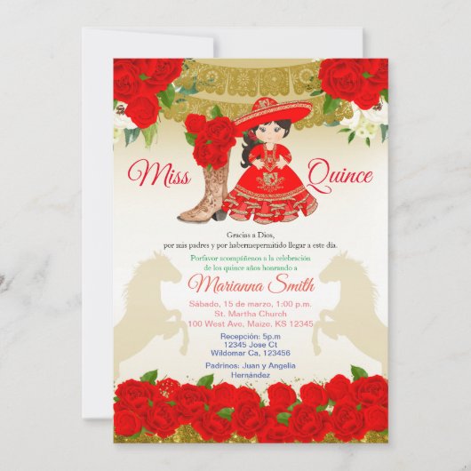 Gouden rode Charro Quinceañera uitnodiging (Voorkant)