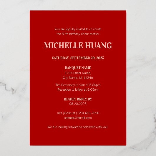 Gouden Rode Chinese Ouderdom (Shou) Verjaardag Folie Uitnodiging