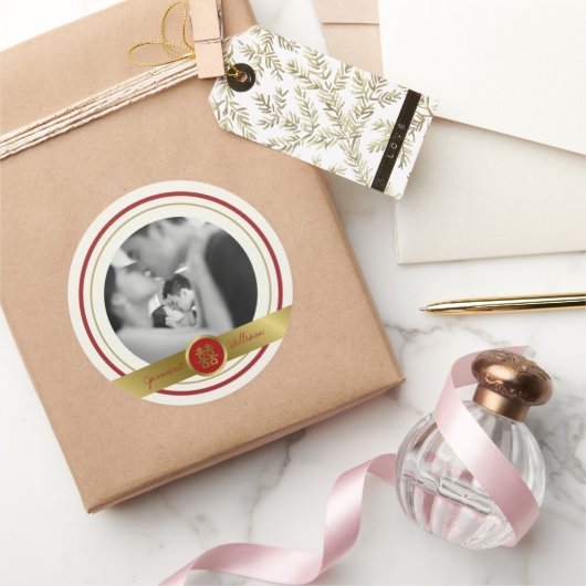 Gouden Rode Dubbele Geluk Foto Chinese Bruiloft Ronde Sticker (Geschenken)
