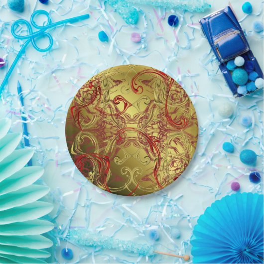 gouden, rode en zwarte glanzend kleurig papieren bordje (Feest)