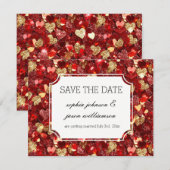 Gouden rode glinsterende harten save the date (Voorkant / Achterkant)