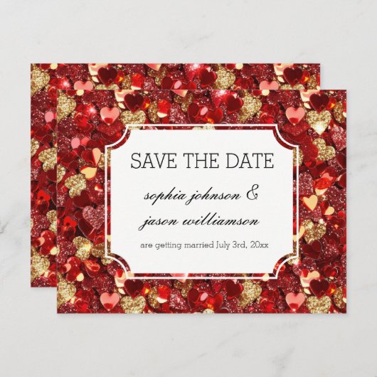 Gouden rode glinsterende harten save the date (Voorkant / Achterkant)