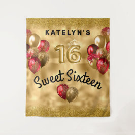 Gouden Rode Glitter Ballonnen Sweet 16 Wandkleed