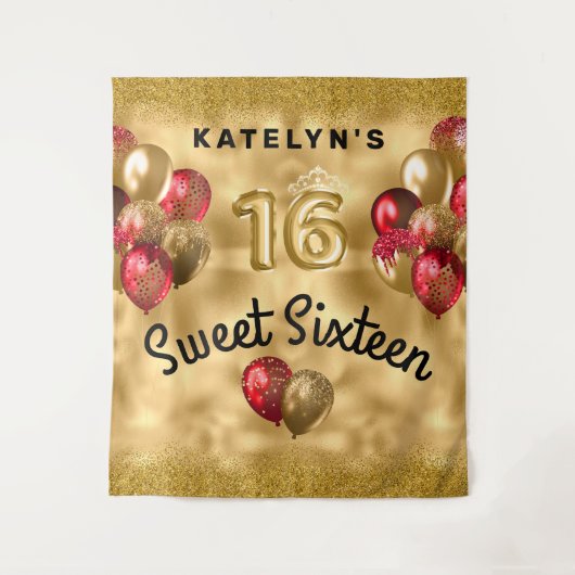 Gouden Rode Glitter Ballonnen Sweet 16 Wandkleed (Voorkant)