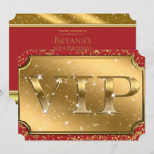 Gouden & Rode Glitter Glam VIP-feestticket Kaart (Voorkant / Achterkant)