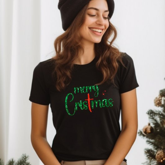 Gouden Rode Glitter Vrolijk Kerst Christelijk Krui T-shirt