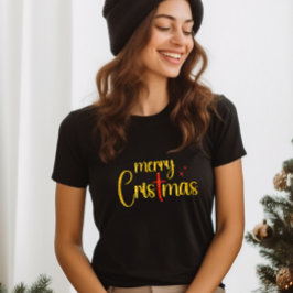 Gouden Rode Glitter Vrolijk Kerst Christelijk Krui T-shirt