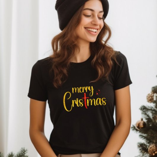 Gouden Rode Glitter Vrolijk Kerst Christelijk Krui T-shirt