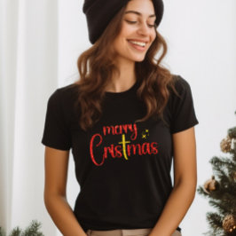 Gouden Rode Glitter Vrolijk Kerst Christelijk Krui T-shirt