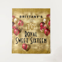 Gouden rode glitterballonnen Royal Sweet 16 wandkl