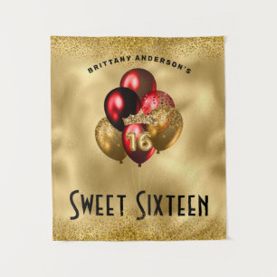 Gouden rode glitterballonnen Sweet 16 16e verjaard Wandkleed