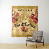 Gouden rode glitterballonnen Sweet 16 Wandkleed (In situ)