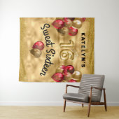 Gouden rode glitterballonnen Sweet 16 Wandkleed (In Situ (horizontaal))