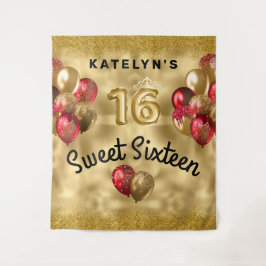 Gouden rode glitterballonnen Sweet 16 Wandkleed