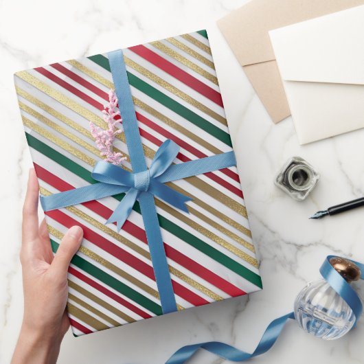 Gouden rode groene strepen Holiday Wrapping Paper Cadeaupapier (Geschenken)