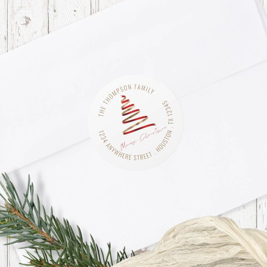 Gouden rode kerstboom retour naam adres ronde sticker