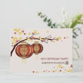 Gouden Rode Lantaarn Kerselaar Feestje Verjaardags Kaart (Staand voorkant)