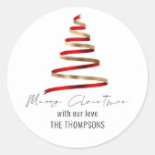 Gouden Rode Lint Boom Naam Vrolijk Kerstfeest Ronde Sticker (Voorkant)