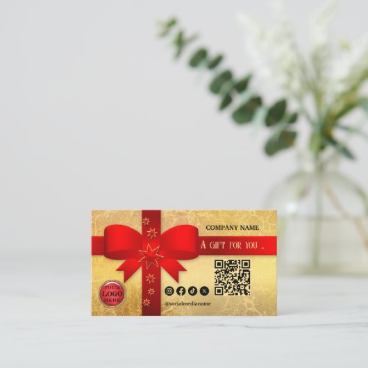 Gouden rode lint kerstcadeau Kaart Kortingskaartje (Staand voorkant)