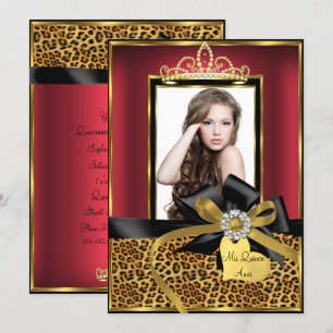 Gouden rode luipaardprint & strik foto Quinceanera Kaart