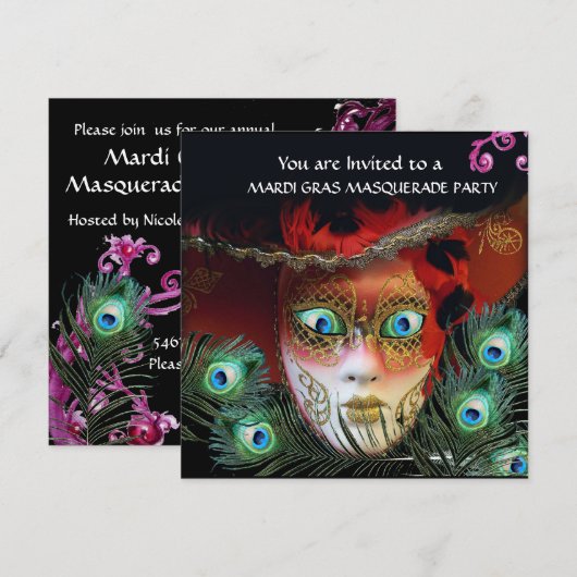 GOUDEN RODE MASKER,PAUWEVER MASKERAFE PARTY, KAART (Voorkant / Achterkant)