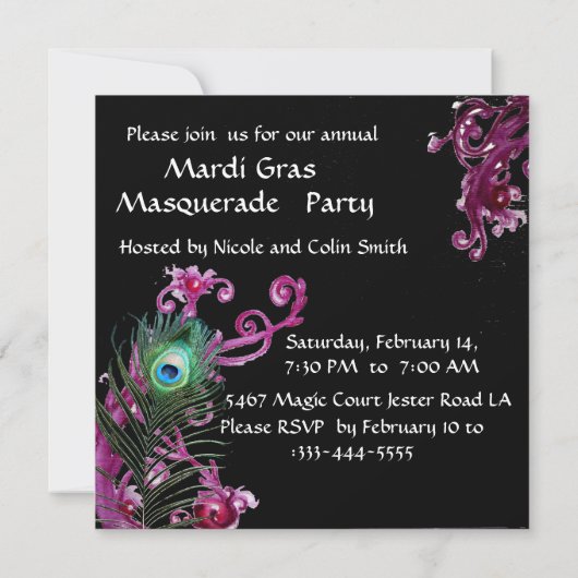 GOUDEN RODE MASKER,PAUWEVER MASKERAFE PARTY, KAART (Achterkant)