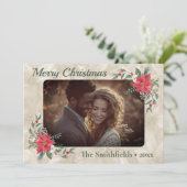 Gouden, rode Poinsettia Foto Flat Holiday Kaart (Staand voorkant)