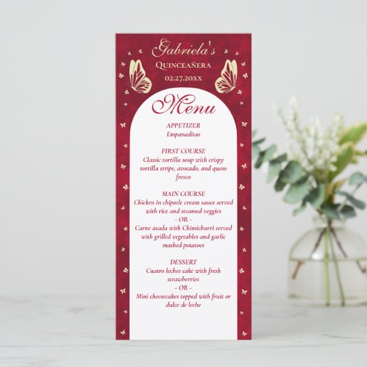 Gouden Rode Quinceanera Vlinder 15e Verjaardagsfee Menu (Staand voorkant)