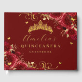 Gouden Rode Rose Bloemen Wervelkolk Quinceanera Gastenboek (Voorkant)