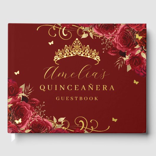 Gouden Rode Rose Bloemen Wervelkolk Quinceanera Gastenboek (Voorkant)