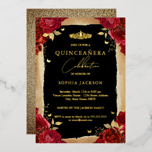 Gouden Rode Rozen Tiara Kant Quinceanera Verjaarda Folie Uitnodiging