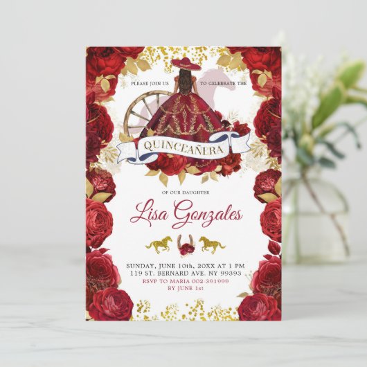 Gouden rode rozen Western Charra laarzen Quinceañe Kaart (Staand voorkant)