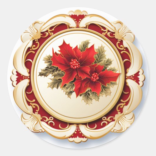 Gouden Rode Scroll Poinsettia Ronde Sticker (Voorkant)