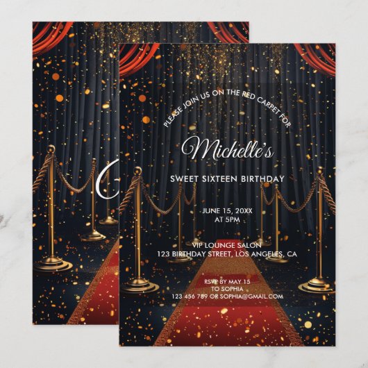Gouden rode tapijt lief zestien film verjaardagsfe kaart (Voorkant / Achterkant)