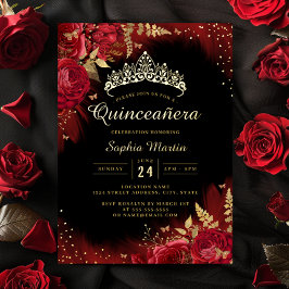 Gouden Rode Vlinder Bloemige Foto Quinceanera  Folie Uitnodiging