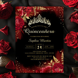 Gouden Rode Vlinder Bloemige Quinceanera  Folie Uitnodiging