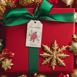 Gouden, Rode Waterverf Poinsettia Vakantie Cadeaulabel