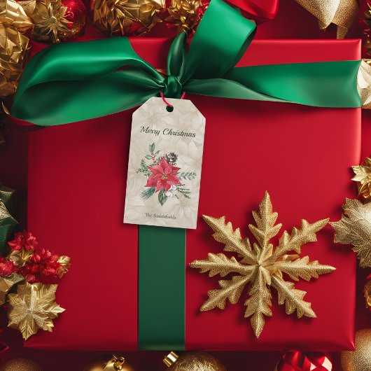 Gouden, Rode Waterverf Poinsettia Vakantie Cadeaulabel