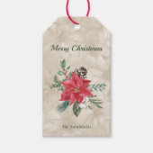 Gouden, Rode Waterverf Poinsettia Vakantie Cadeaulabel (Voorkant)