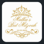 Gouden rollen, Tiara Bat Mitzvah Logo Vierkante Sticker<br><div class="desc">Gouden wervelingen (rollen) en Tiara in een hartvorm Bat Mitzvah Sticker. Je kunt het gebruiken voor een andere gelegenheid.</div>