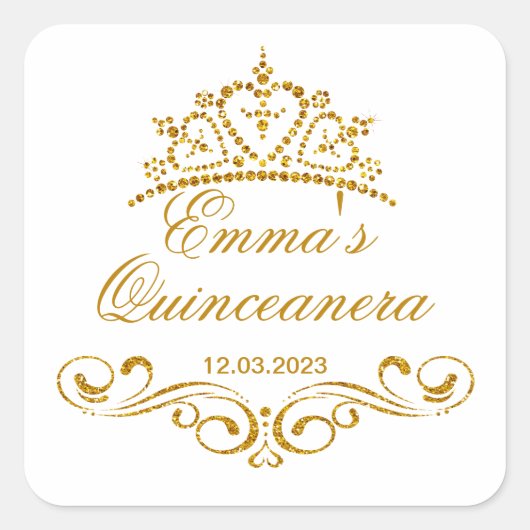 Gouden rollen, Tiara Quinceanera aangepaste Logo Vierkante Sticker (Voorkant)
